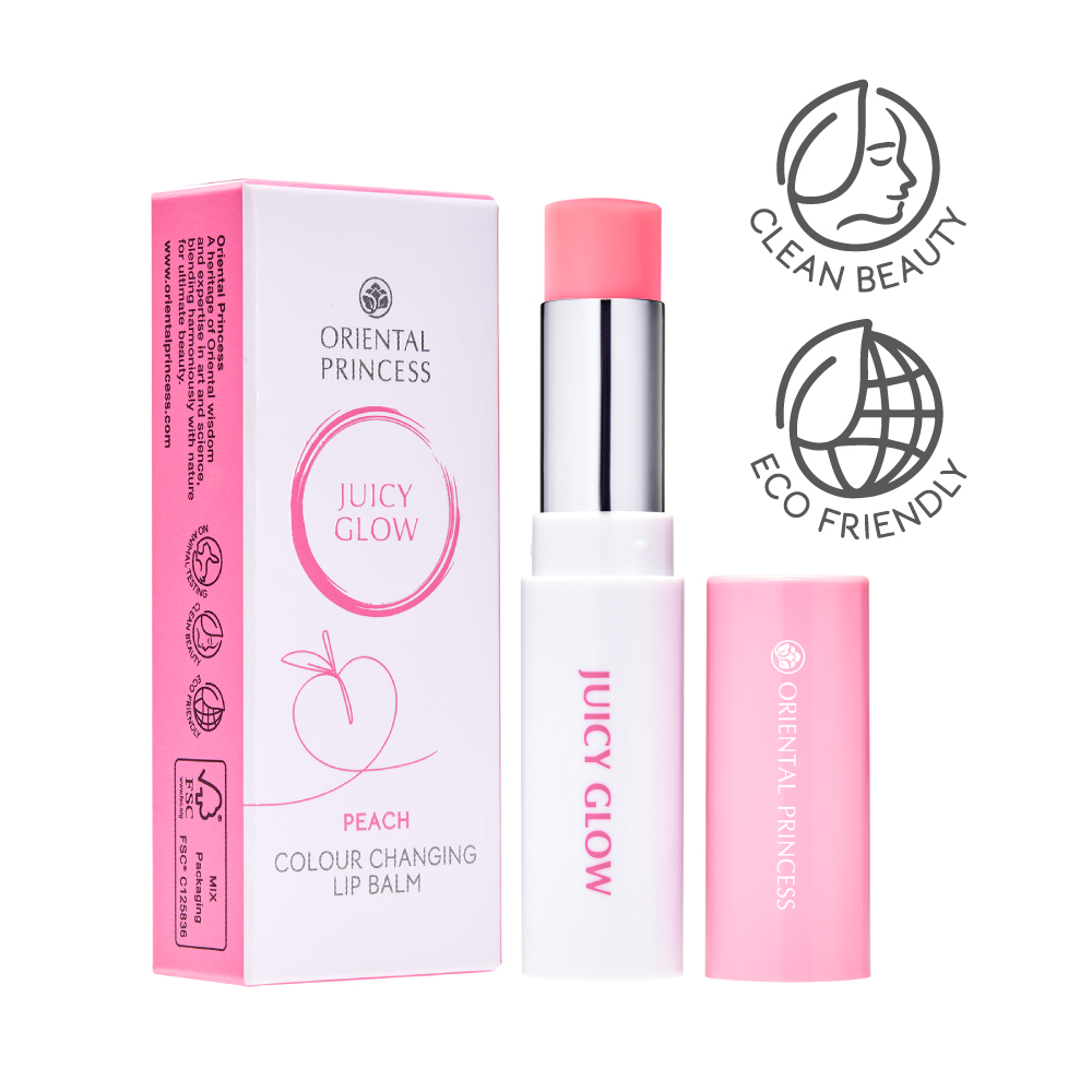 ลิปบาล์ม Juicy Glow Peach เปลี่ยนสีตาม pH โทนชมพู บำรุงริมฝีปากด้วย Peach Extract และเซราไมด์ ริมฝีปากเนียนนุ่ม กระจ่างใส